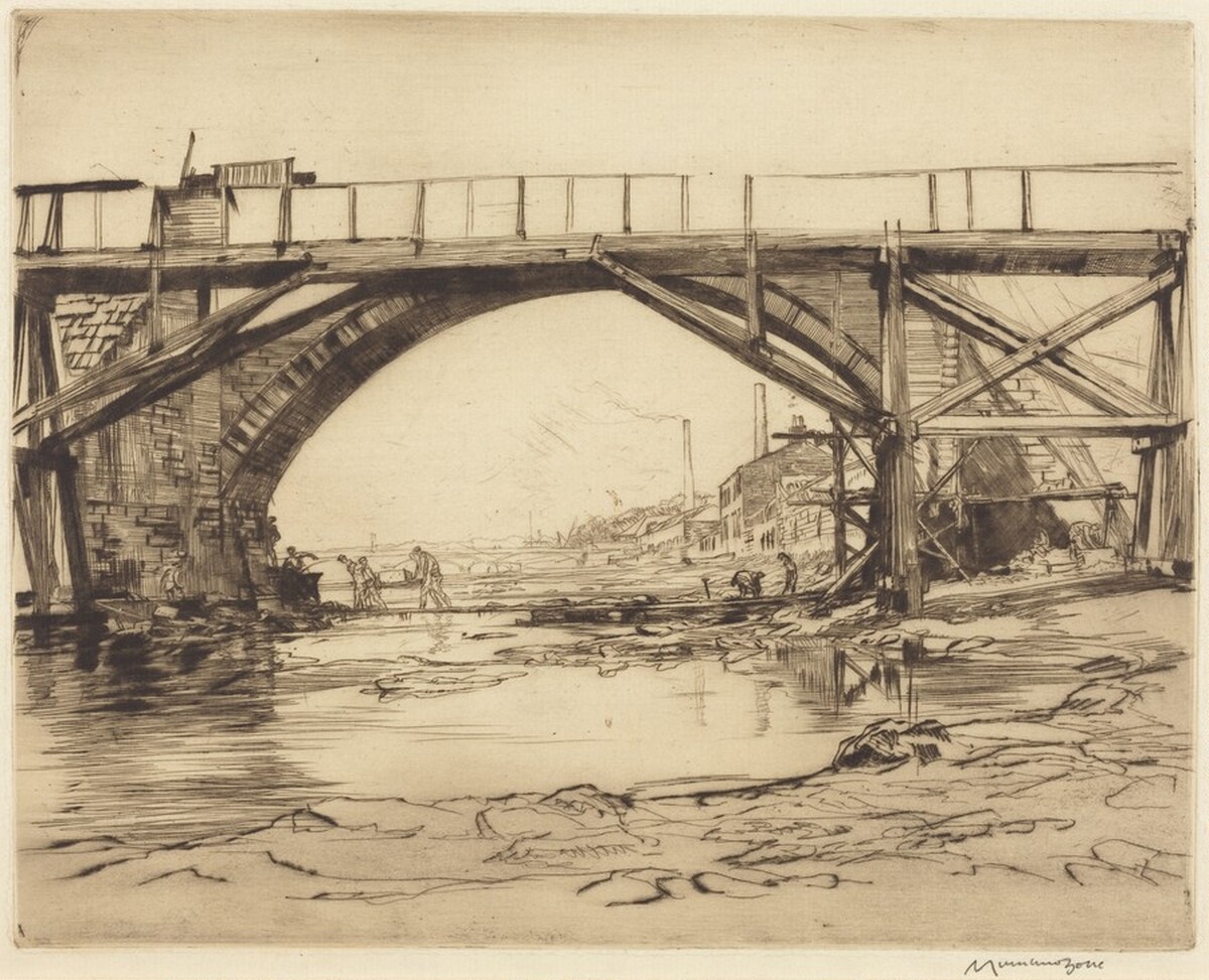 Repairing the Auld Brig, Ayr - No. 1 by Sir Muirhead Bone