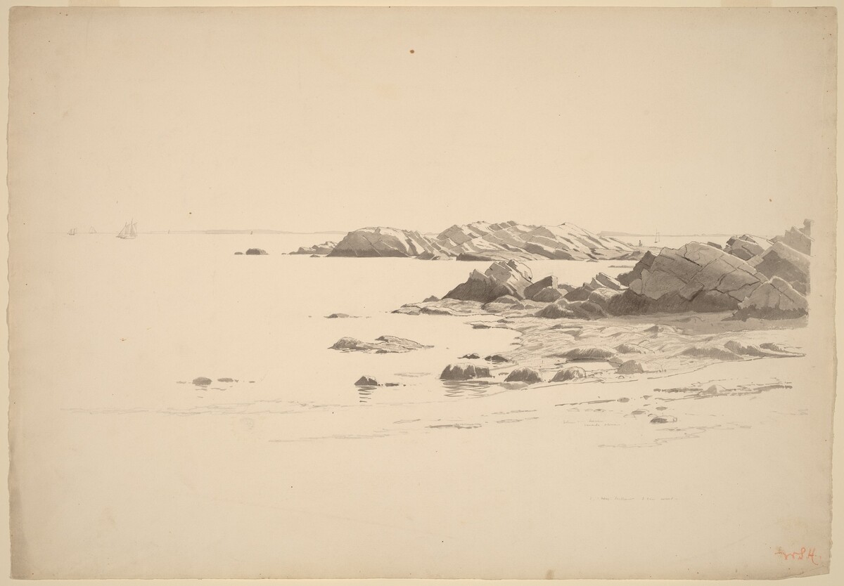 Rocklined Beach with Distant Boats by William Stanley Haseltine