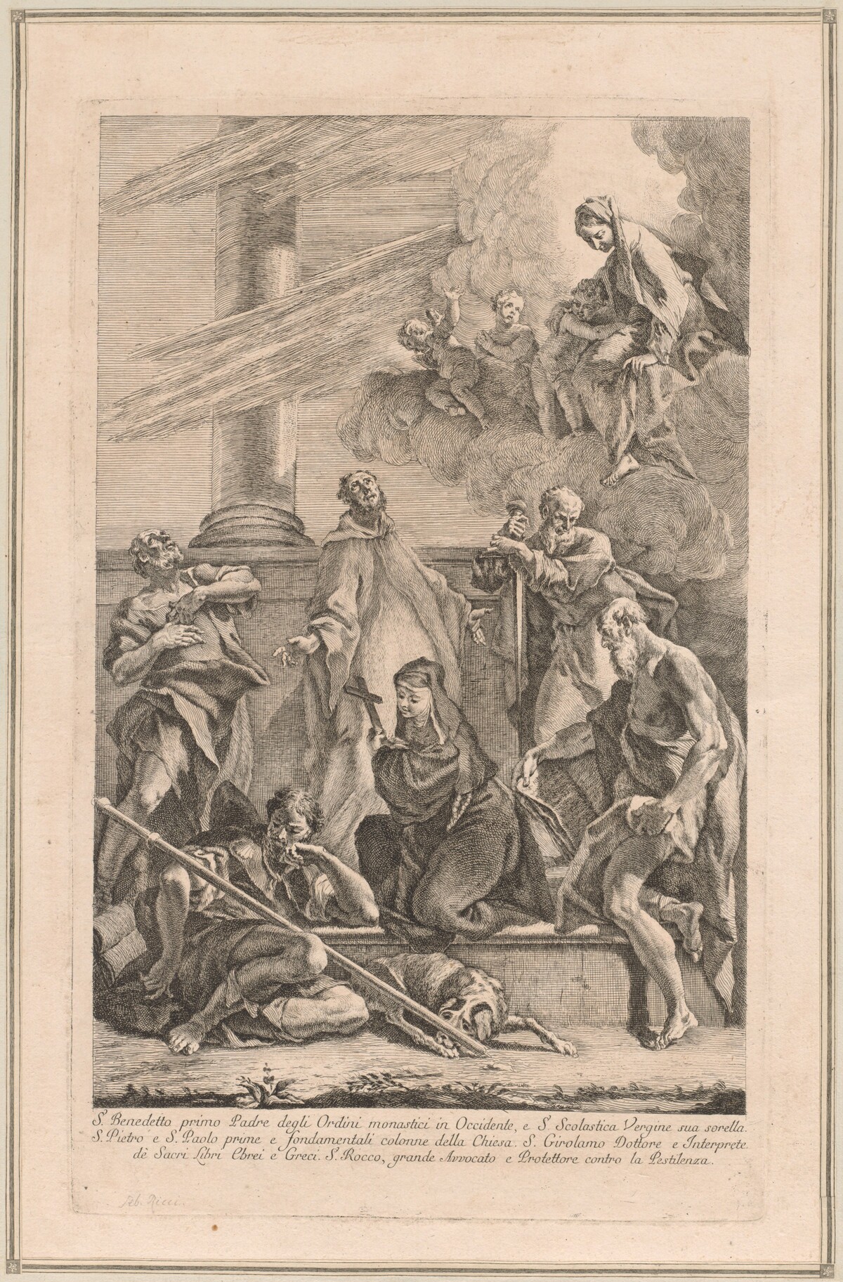 The Madonna and Child with Two Angels and Saints Scholastica, Benedict, Roch, Peter, Paul and Jerome by Francesco Fontebasso after Sebastiano Ricci