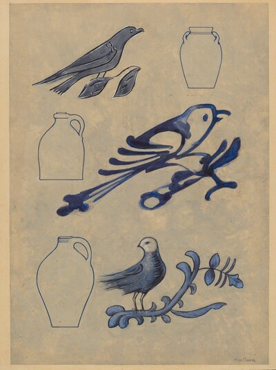 Bird Decorations on Stoneware Crock