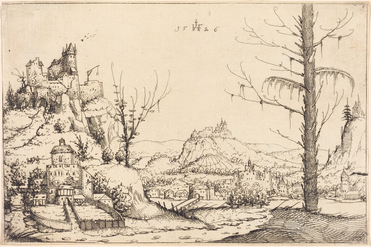 Landscape with High Cliffs, River, and City by Augustin Hirschvogel