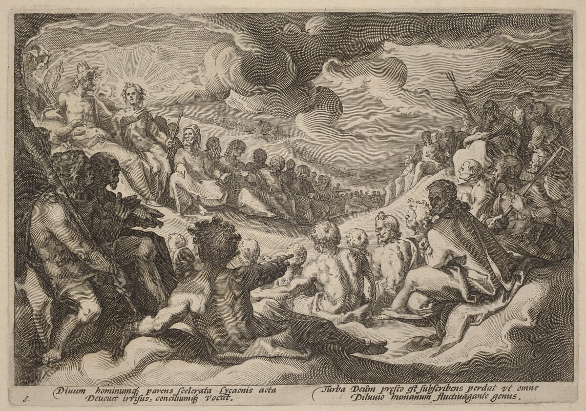 Jupiter Taking Counsel from the Gods about the Destruction of the Universe by Workshop of Hendrick Goltzius, after Hendrick Goltzius
