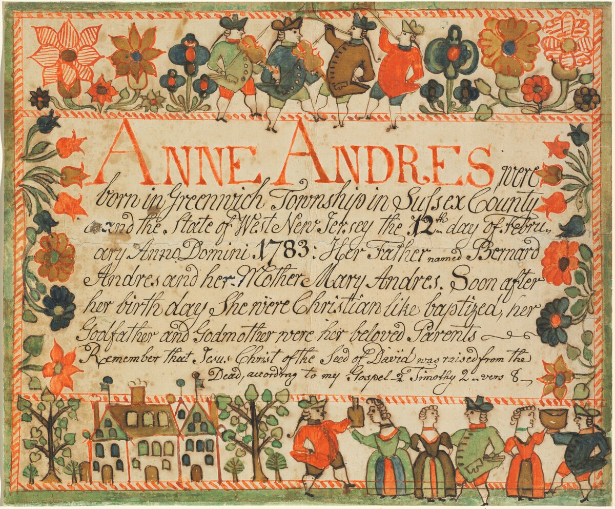 Birth and Baptismal Certificate for Anne Andres by Johannes Ernst Spangenberg