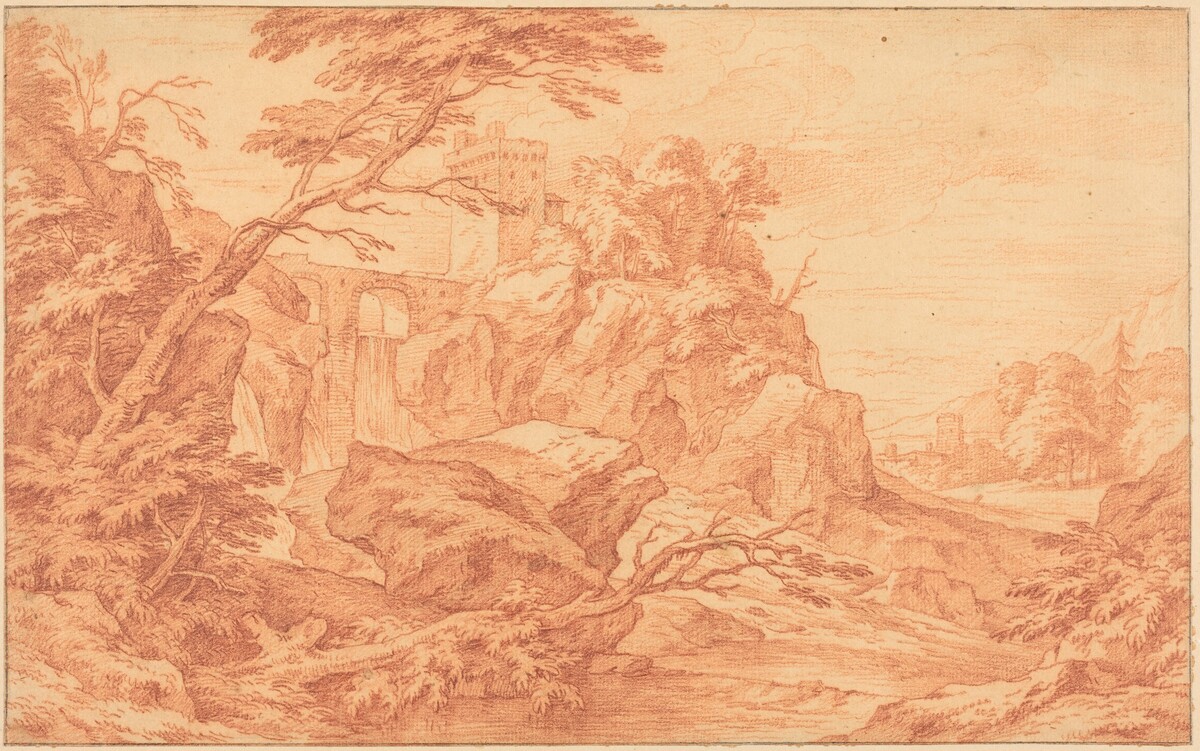 A Rocky Landscape with a Stone Tower and a Waterfall by Adriaen Frans Boudewyns, attributed to