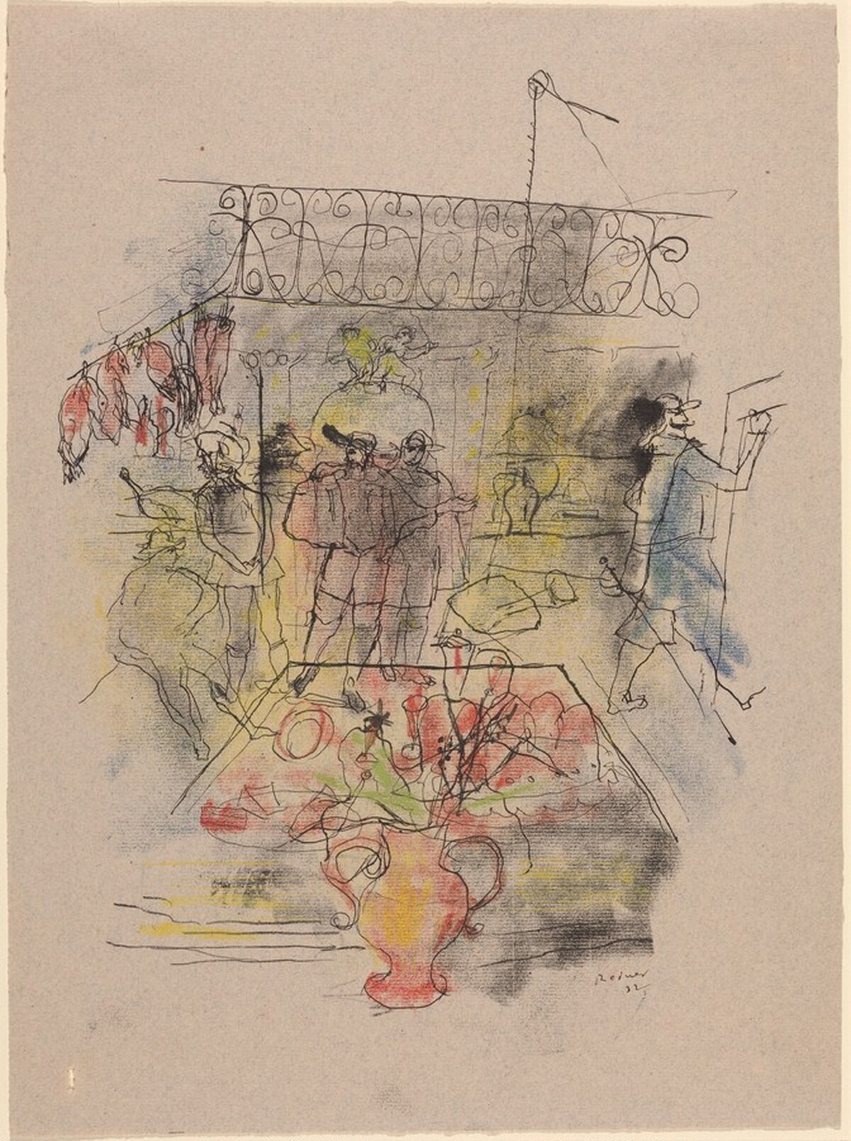Interior Scene with Five Figures and Set Table by Imre Reiner