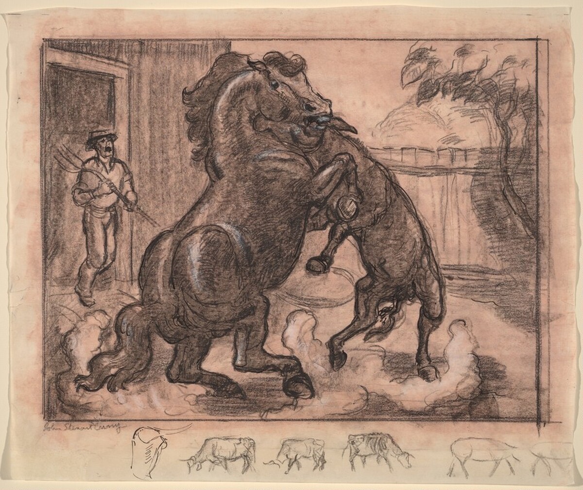 Stallion and Jack Fighting by John Steuart Curry