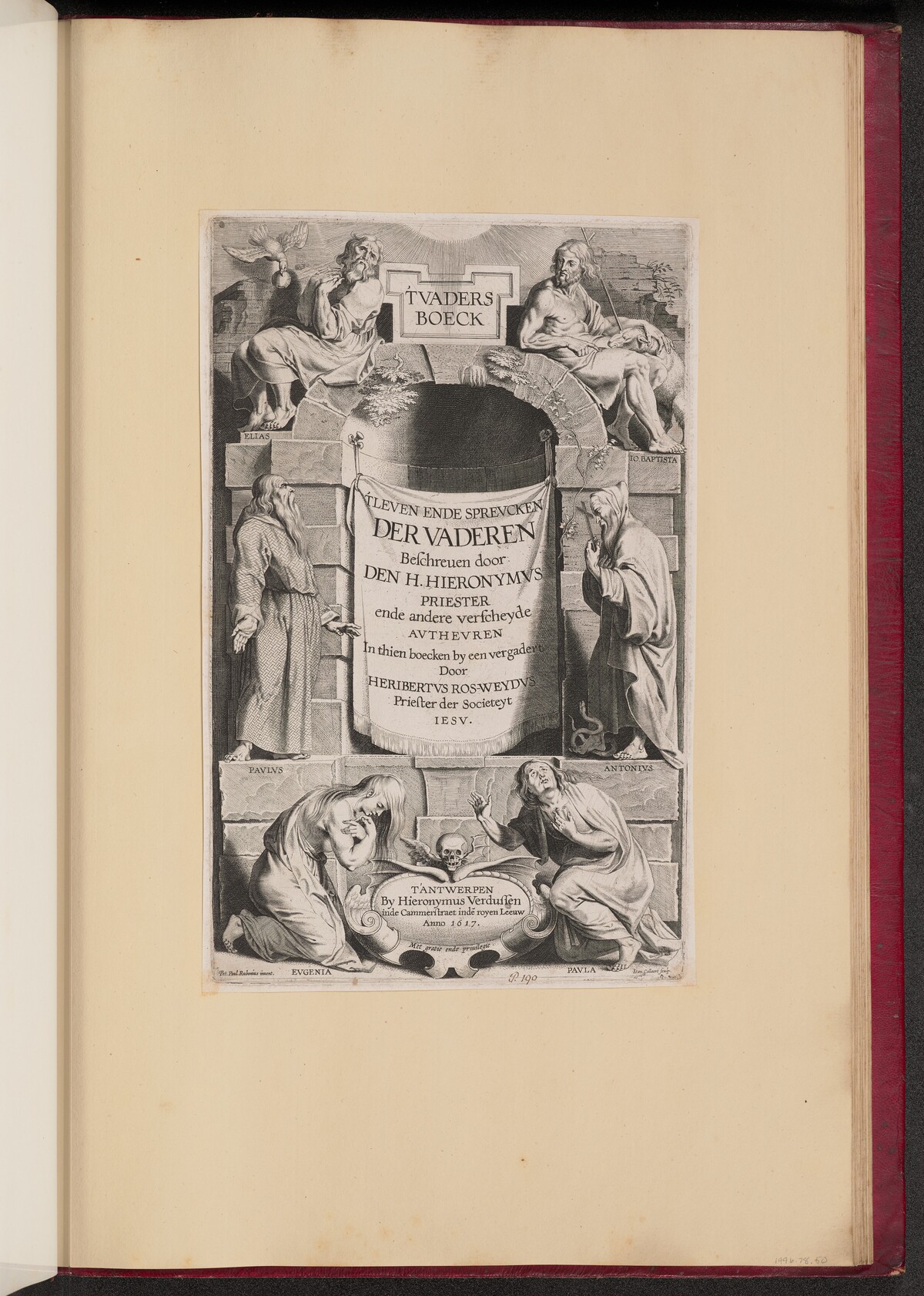 Title Page for Heribert Rosweyde, 'T Vaders Boeck by Hans Collaert the Younger after Sir Peter Paul Rubens