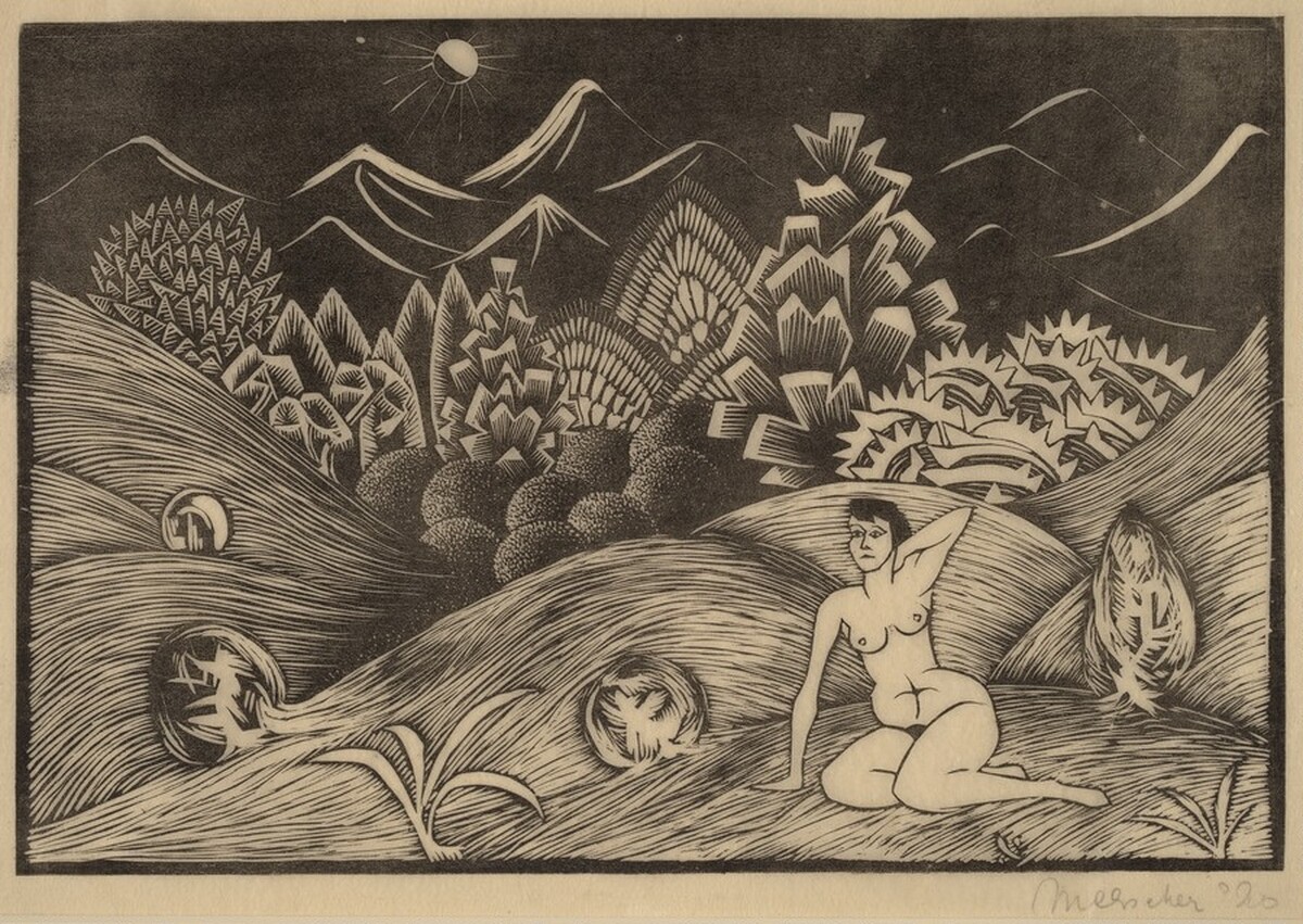 Female Nude in a Landscape by M.C. Escher
