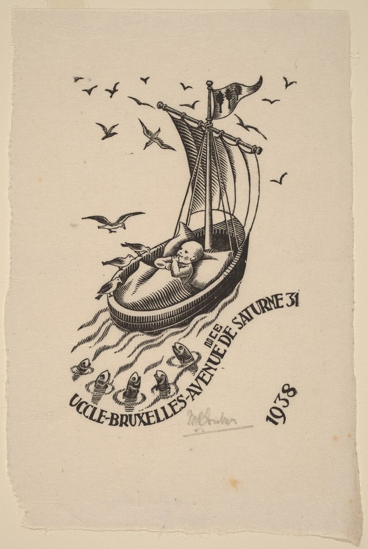 Birth annoucement card of Jan Escher by M.C. Escher