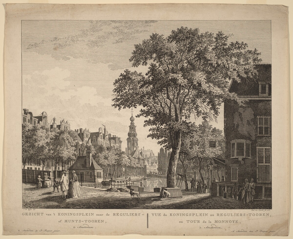 Gezicht van't Koningsplein naar de Reguliers of Munts-Tooren, Te Amsterdam by Paulus van Liender after Jan de Beyer
