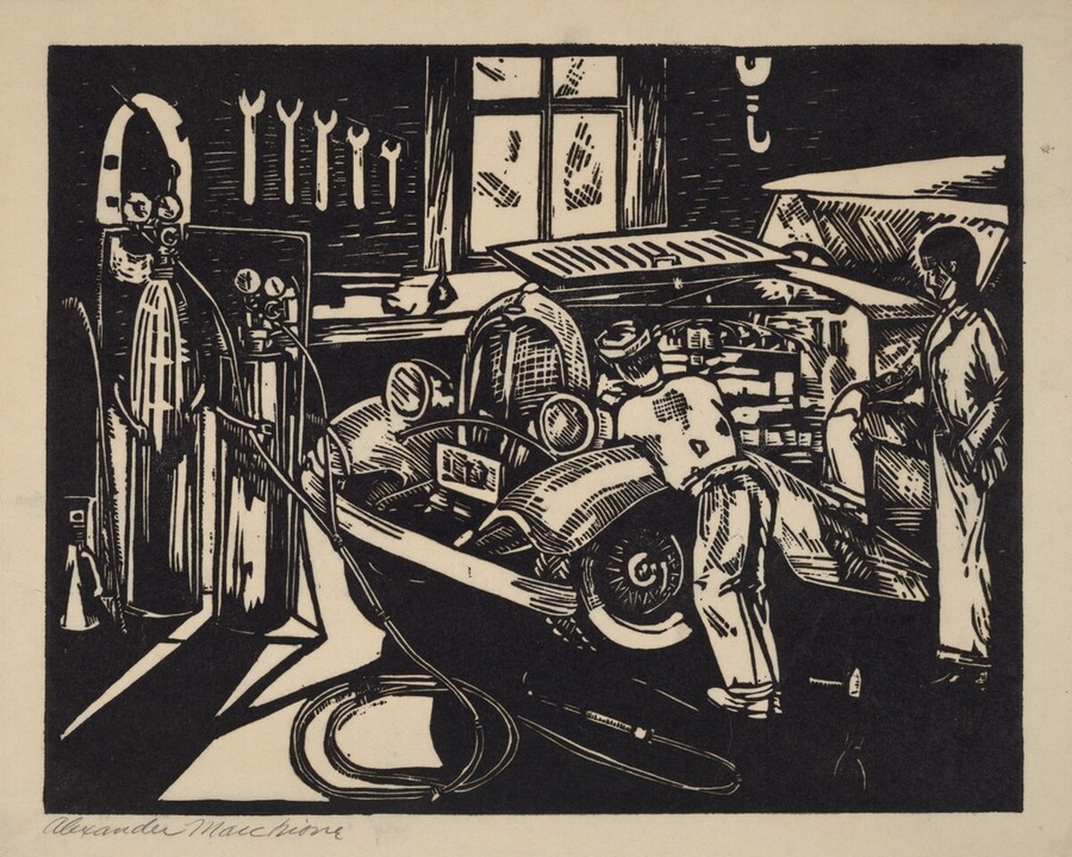 Untitled (Auto Mechanic Repairing Engine of Car) by Unknown