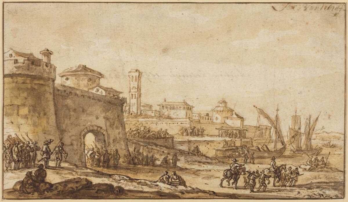 A Coastal Scene with a Fortified Town by Jacob van der Ulft