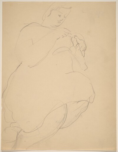 Seated Woman Seen from Below, Knitting [recto]