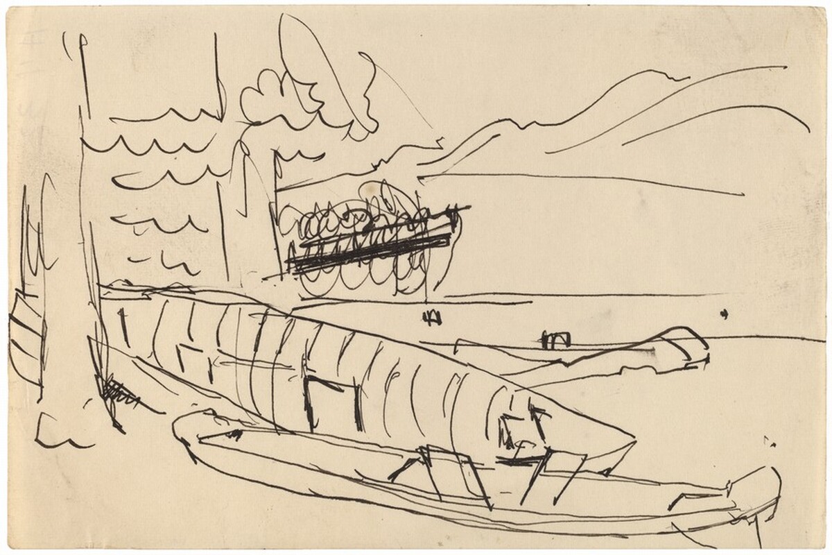 Outdoor Scene with Canoes on Shore by Mark Rothko