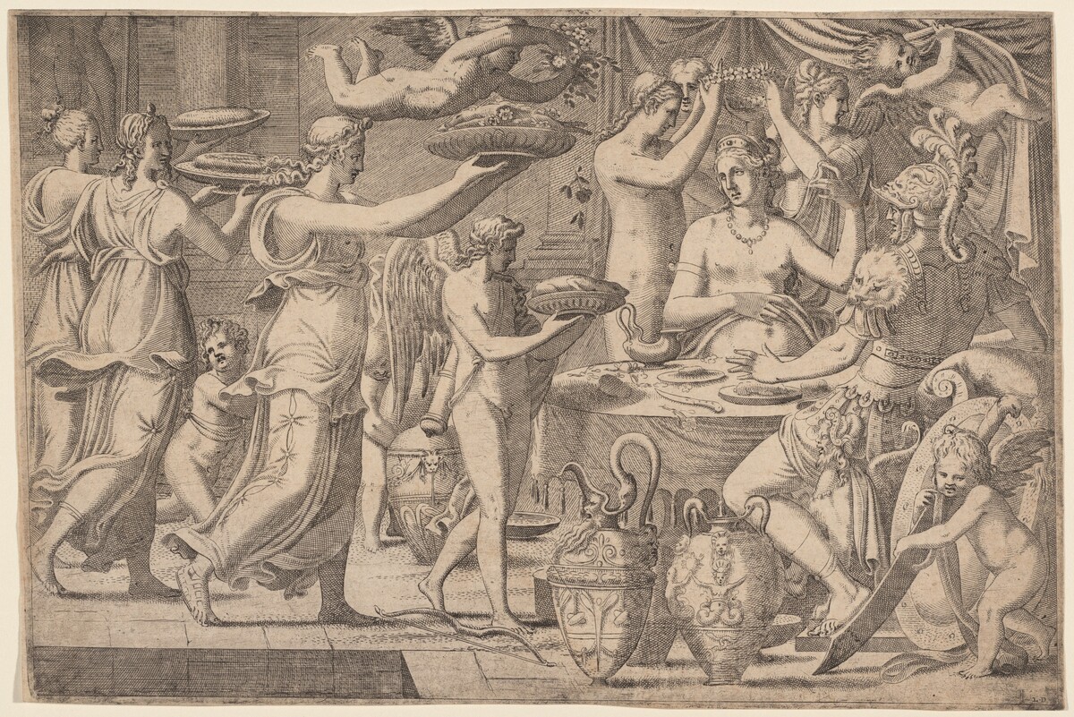 Venus and Mars Served by Cupid and the Three Graces by Léon Davent, after Luca Penni