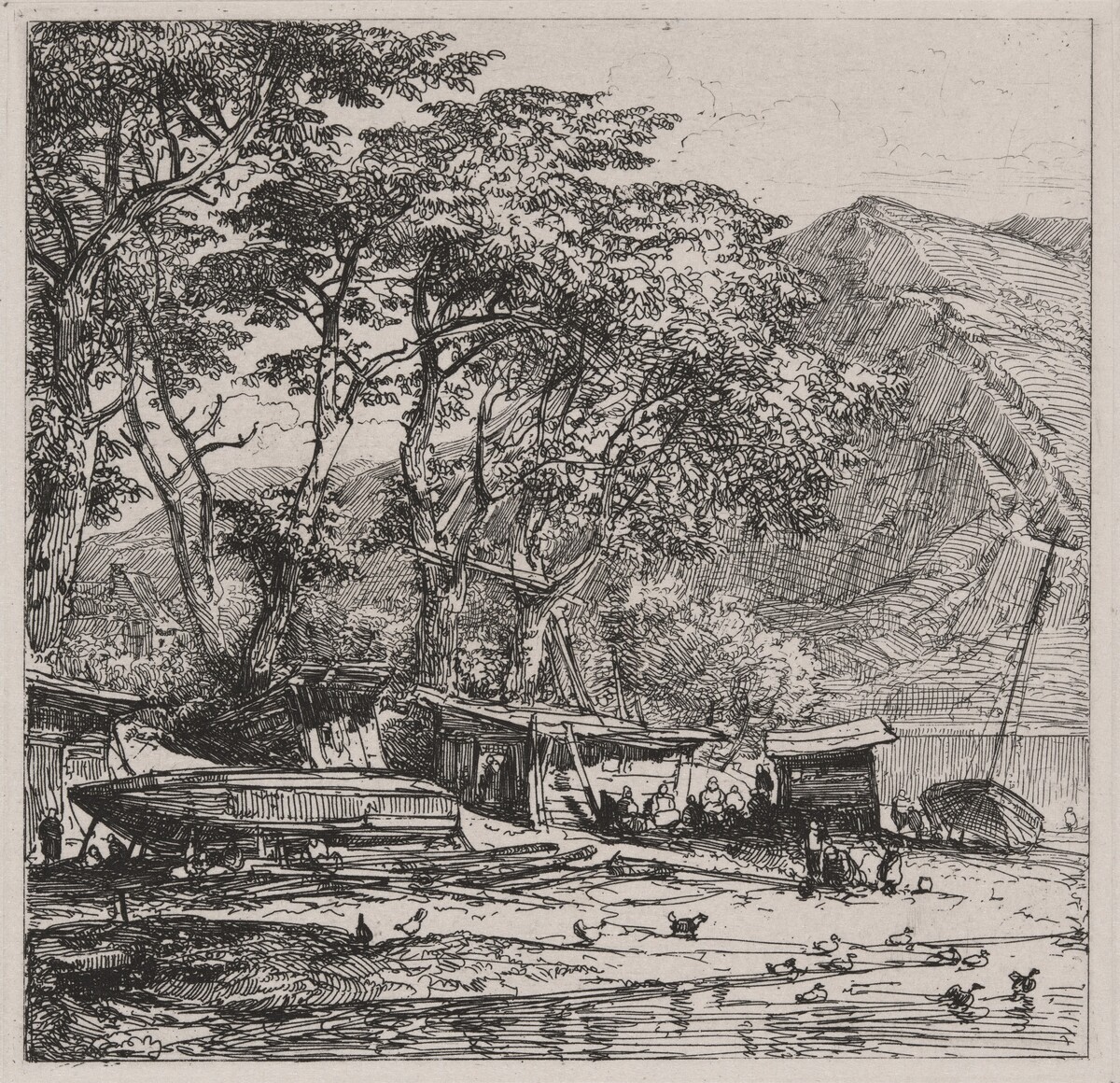 Fishing Village with Boats on the Shore by Caspar Johann Nepomuk Scheuren