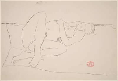Untitled [female nude reclining on a spread blanket]