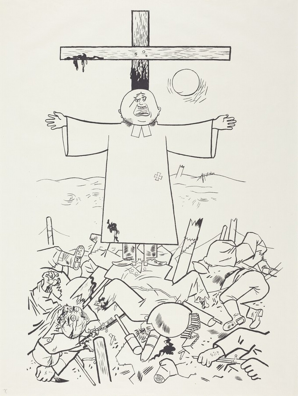 "They thunder forth from their clouds about gentleness and forbearance, while they sacrifice human victims to the God of love." ("Da donnern sie Sanftmut und Duldung aus ihren Wolken und bringen dem Gott der Liebe Menschenopfer.") by George Grosz