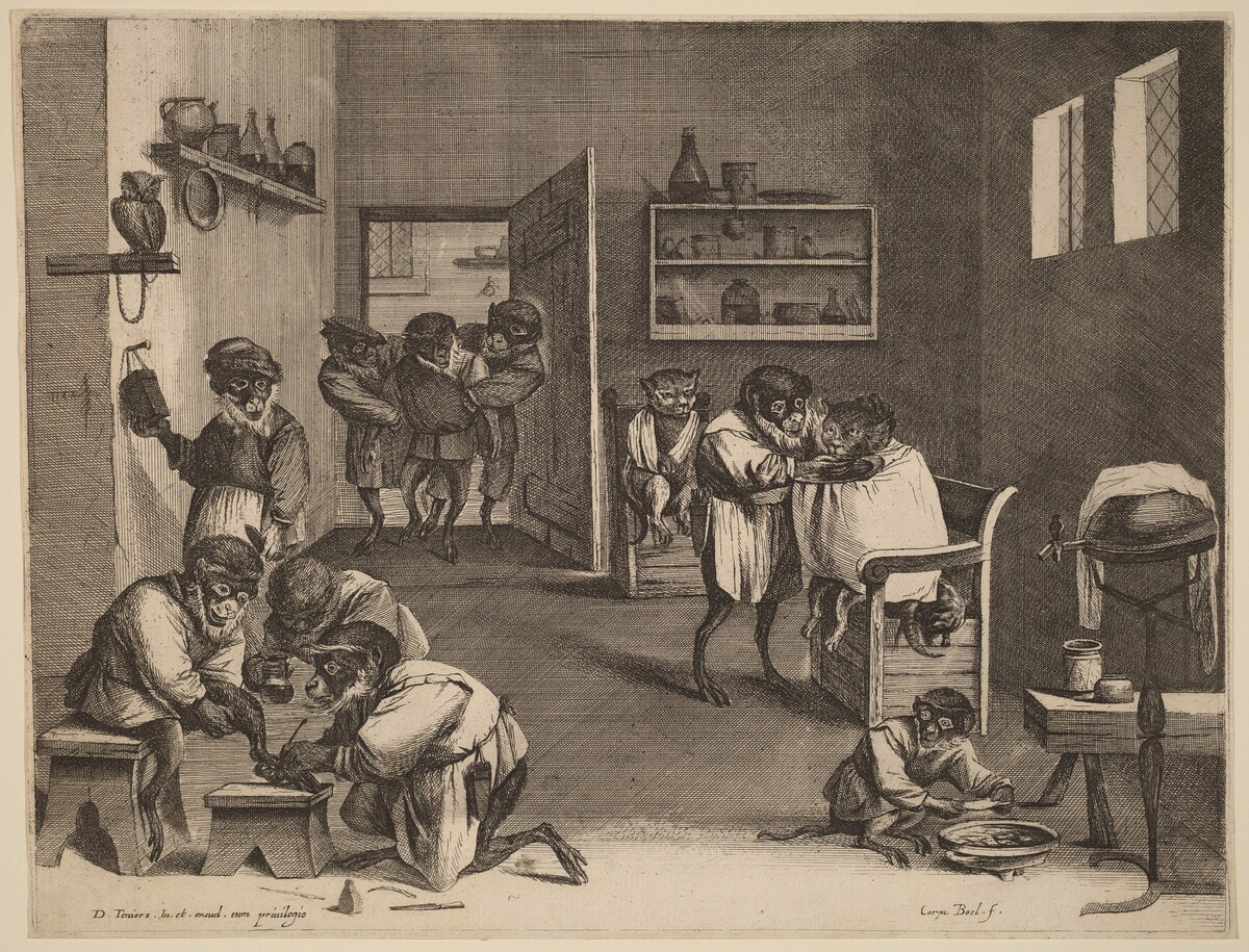 The Monkeys' Barber Shop by Coryn Boel after David Teniers the Younger