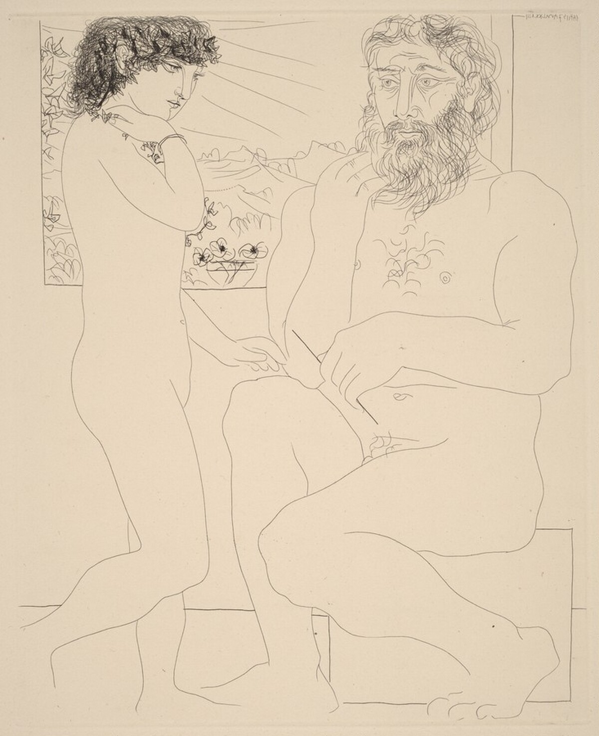 Pensive Sculptor, Model with Black Hair, and a Bowl with Three Anemones (Sculpteur songeant, modèle aux cheveux noirs, et bol avec trois anémones) by Pablo Picasso