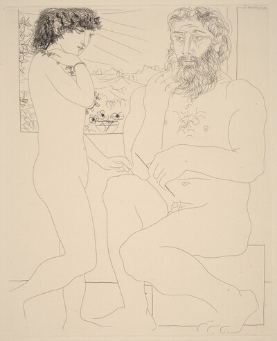 Pensive Sculptor, Model with Black Hair, and a Bowl with Three Anemones (Sculpteur songeant, modèle aux cheveux noirs, et bol avec trois anémones)