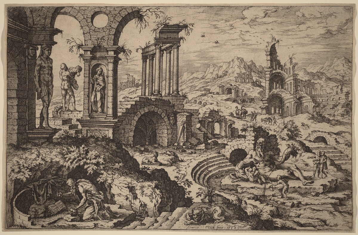 Saint Jerome in a Landscape with Ruins by Hieronymus Cock after Maerten van Heemskerck