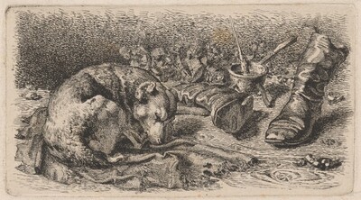 Dog Asleep Beside a Pair of Boots