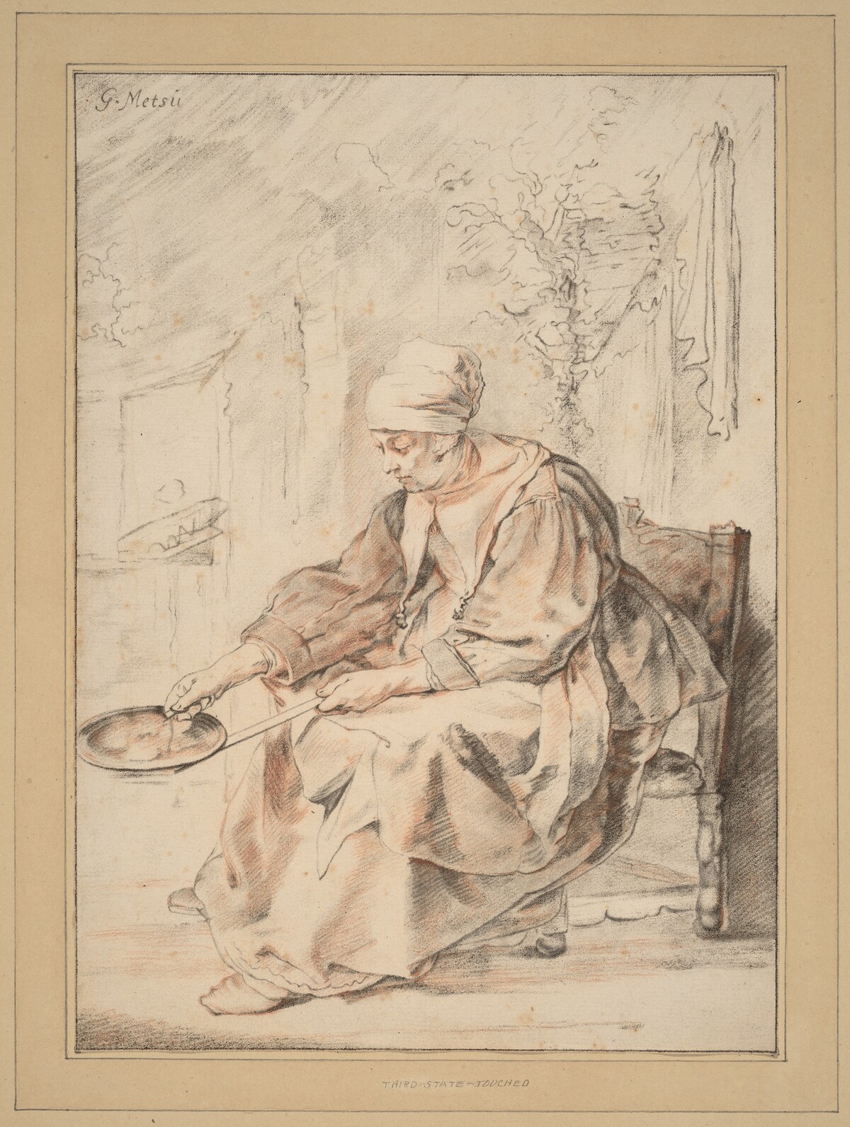 Pancake Woman by Cornelis Ploos van Amstel (editor) and Johannes Kornlein (printmaker), after Gabriel Metsu