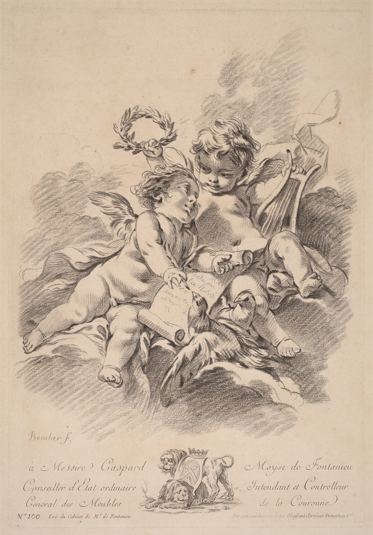 Allegory of Music with Two Cherubs and Doves (100) by Gilles Demarteau the Elder after François Boucher