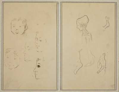 Five Studies of Heads; A Boy in Profile with Studies of Hands and Feet [verso]