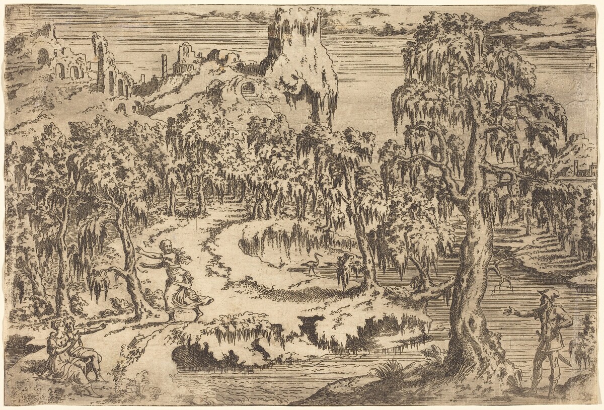 Landscape with a Woman Fleeing at the Sight of a Soldier by Léon Davent