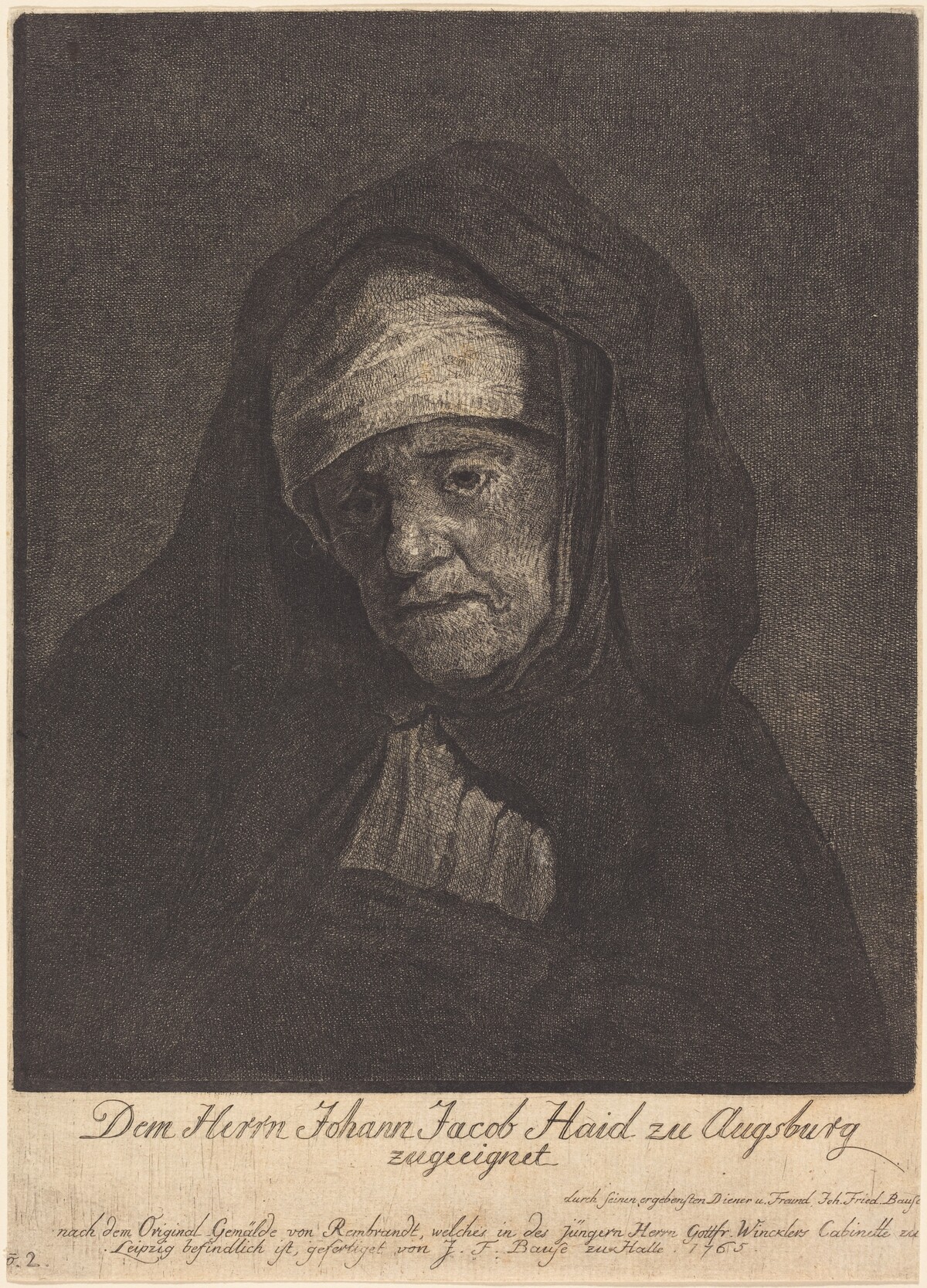 Head of an Aged Woman by Johann Friedrich Bause after Rembrandt van Rijn