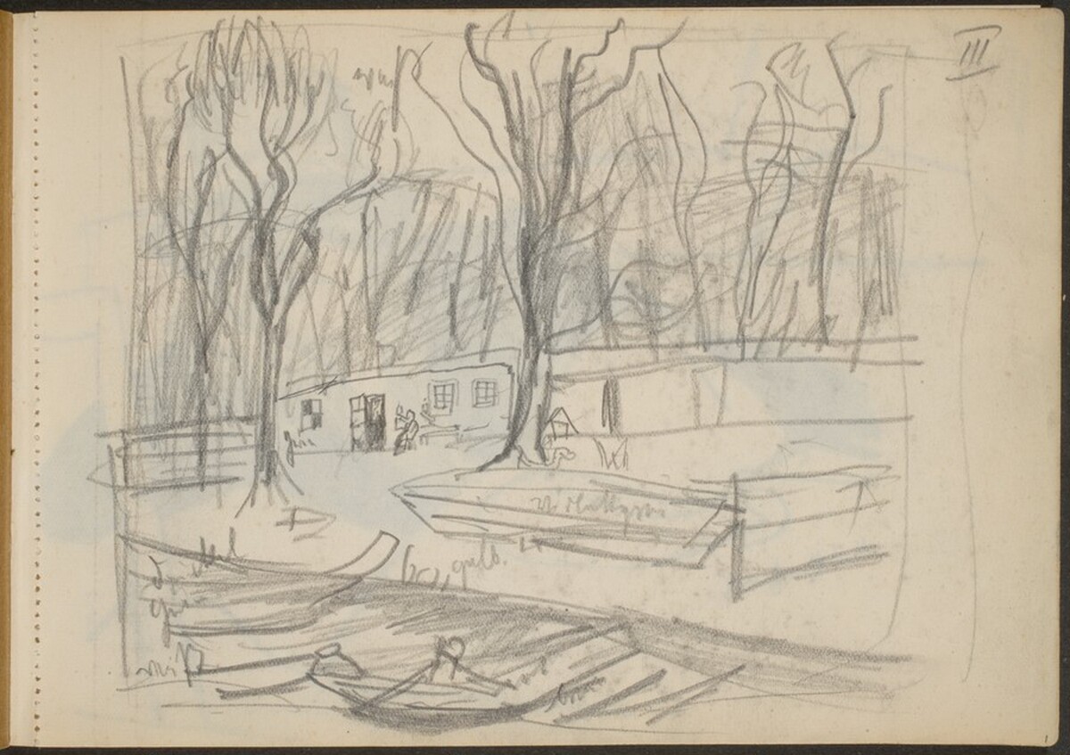 Parklandschaft am Ufer mit Booten (Riverboat Dock in a Park) [p. 1] by Max Beckmann