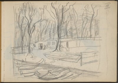 Parklandschaft am Ufer mit Booten (Riverboat Dock in a Park) [p. 1]