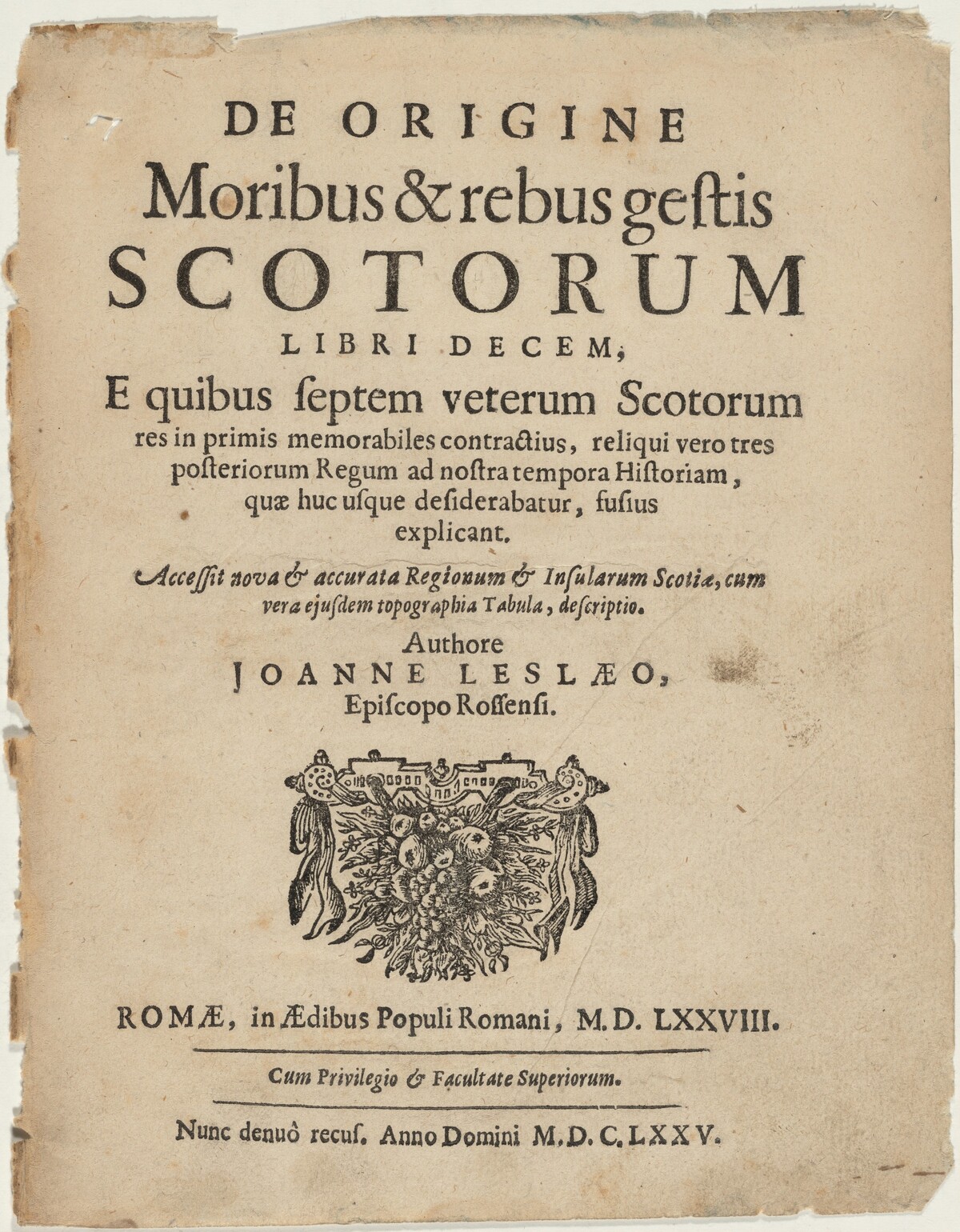 Title Page to De Origine Moribus by Joanne Leslaeo by Unknown Artist