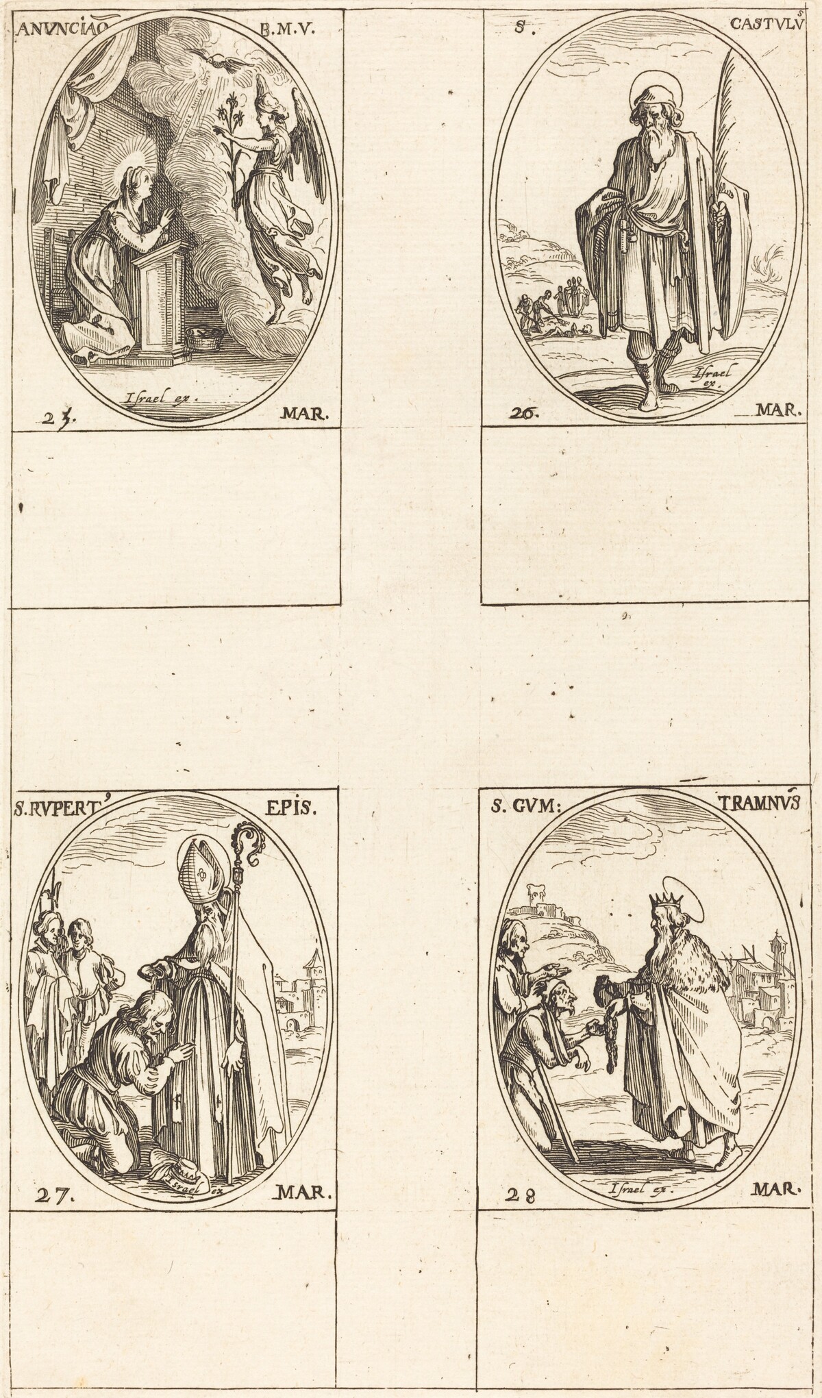 The Annunciation; St. Castulus; St. Rupert; St. Gontran by Jacques Callot