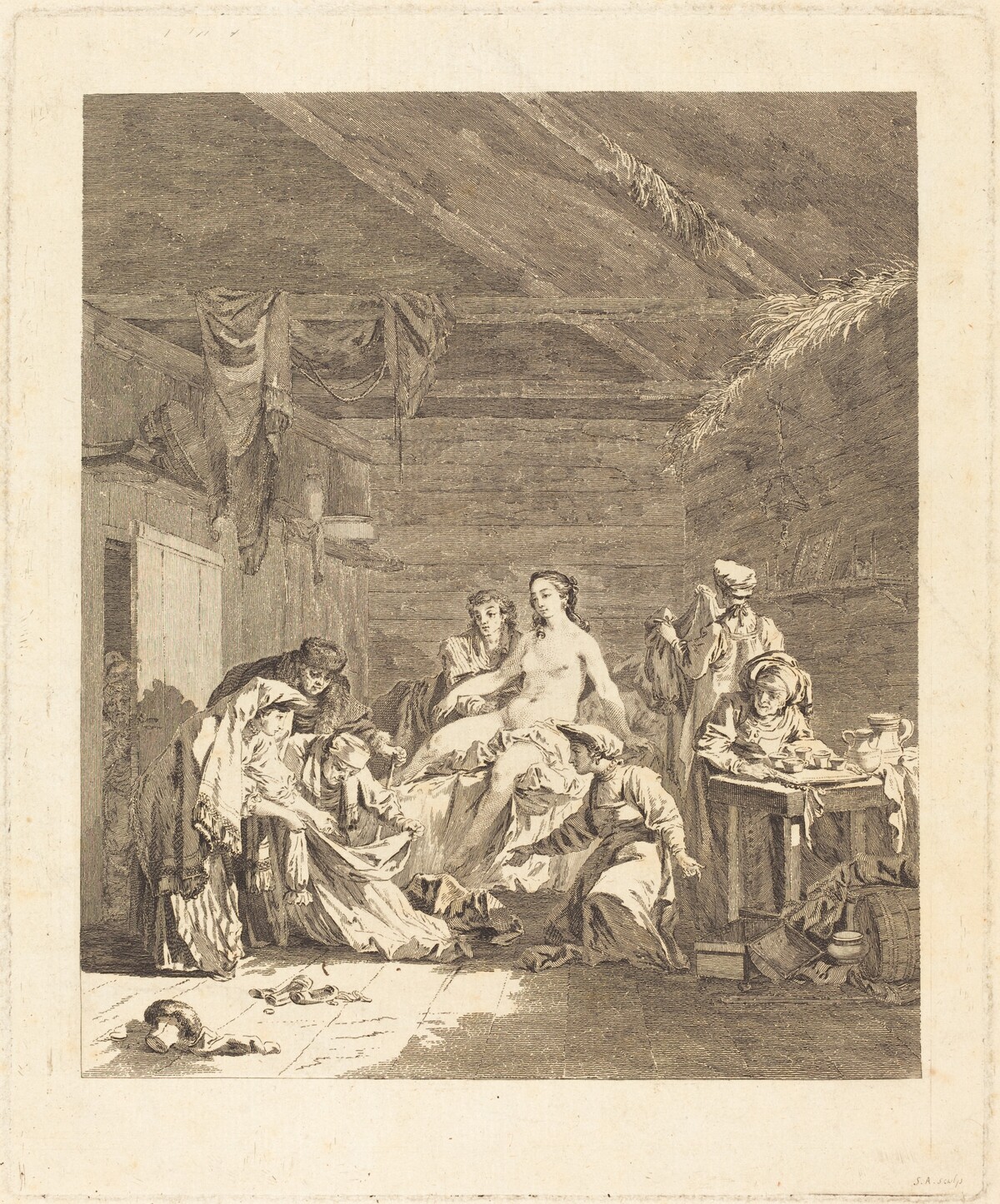 Le lever de la mariée russe (Custom of the Russians after the Marriage Ceremony and before the Wedding Feast) by Augustin de Saint-Aubin after Jean-Baptiste Le Prince