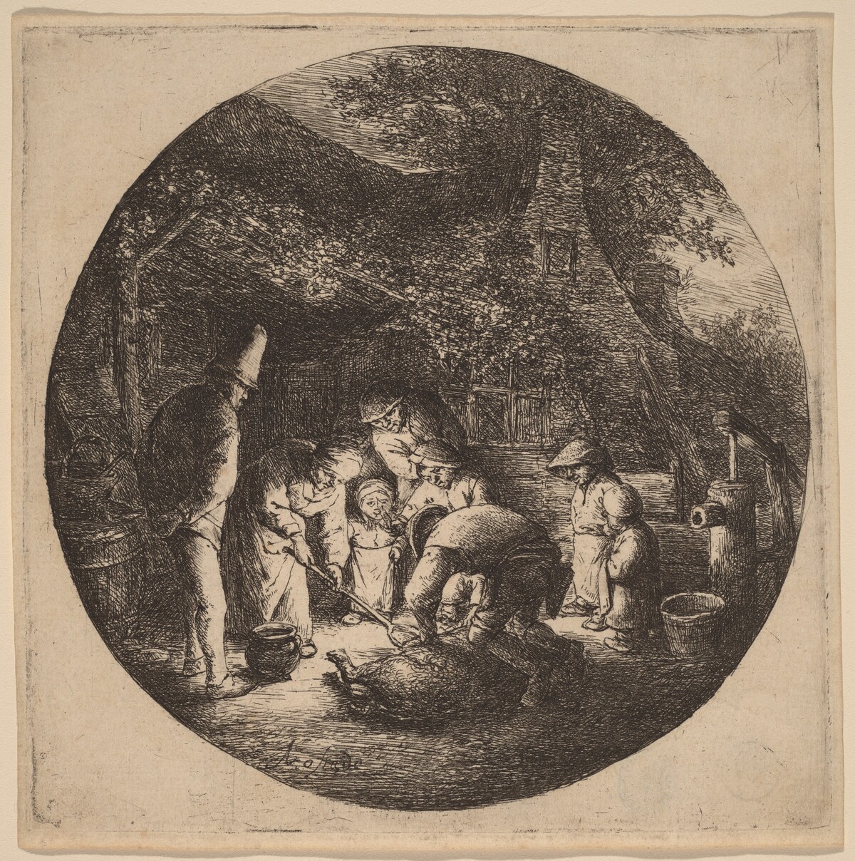 Peasants Outside a Farm Slaughtering a Pig by Adriaen van Ostade