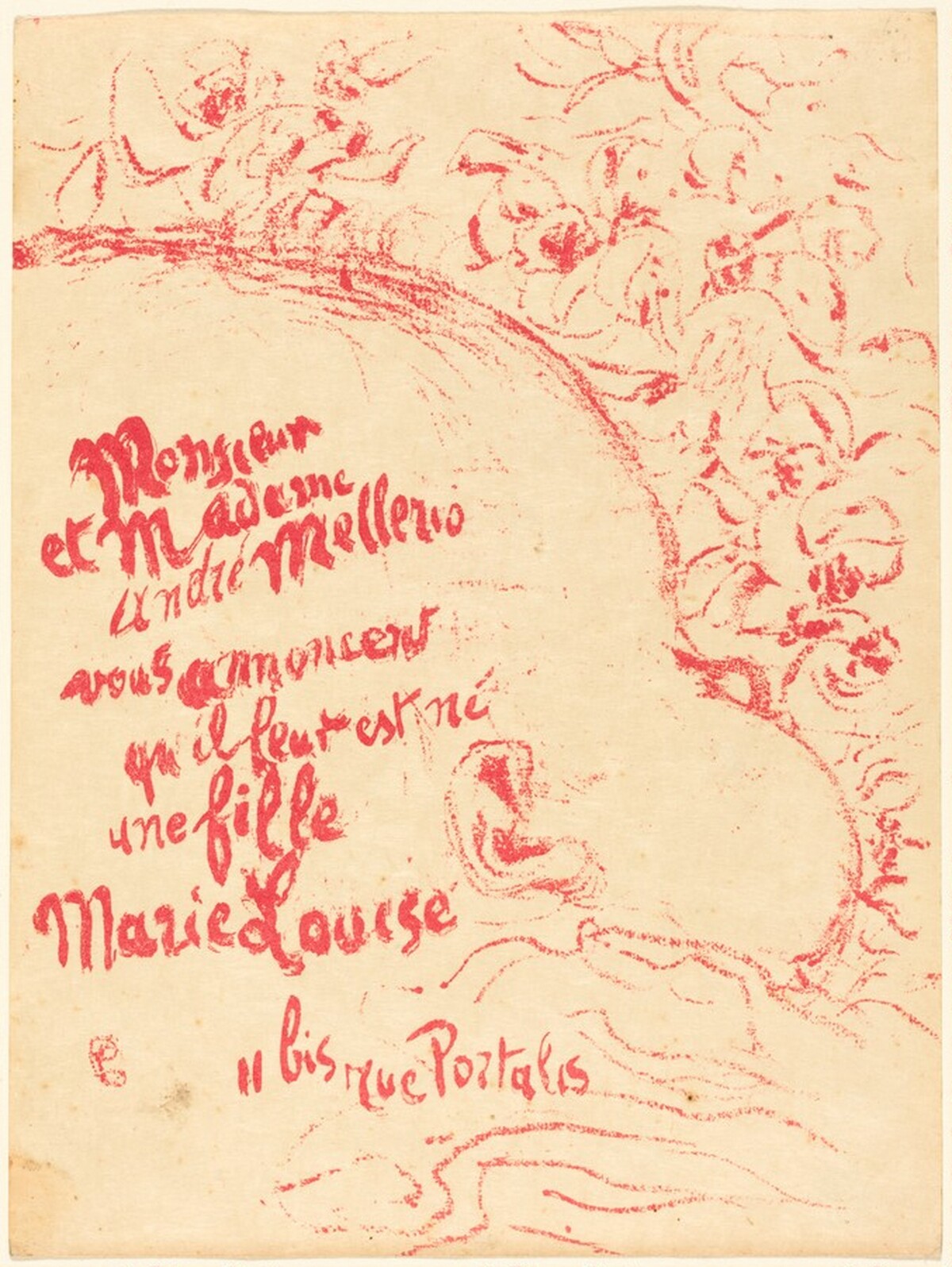 Birth Announcement for Marie-Louise Mellerio by Pierre Bonnard