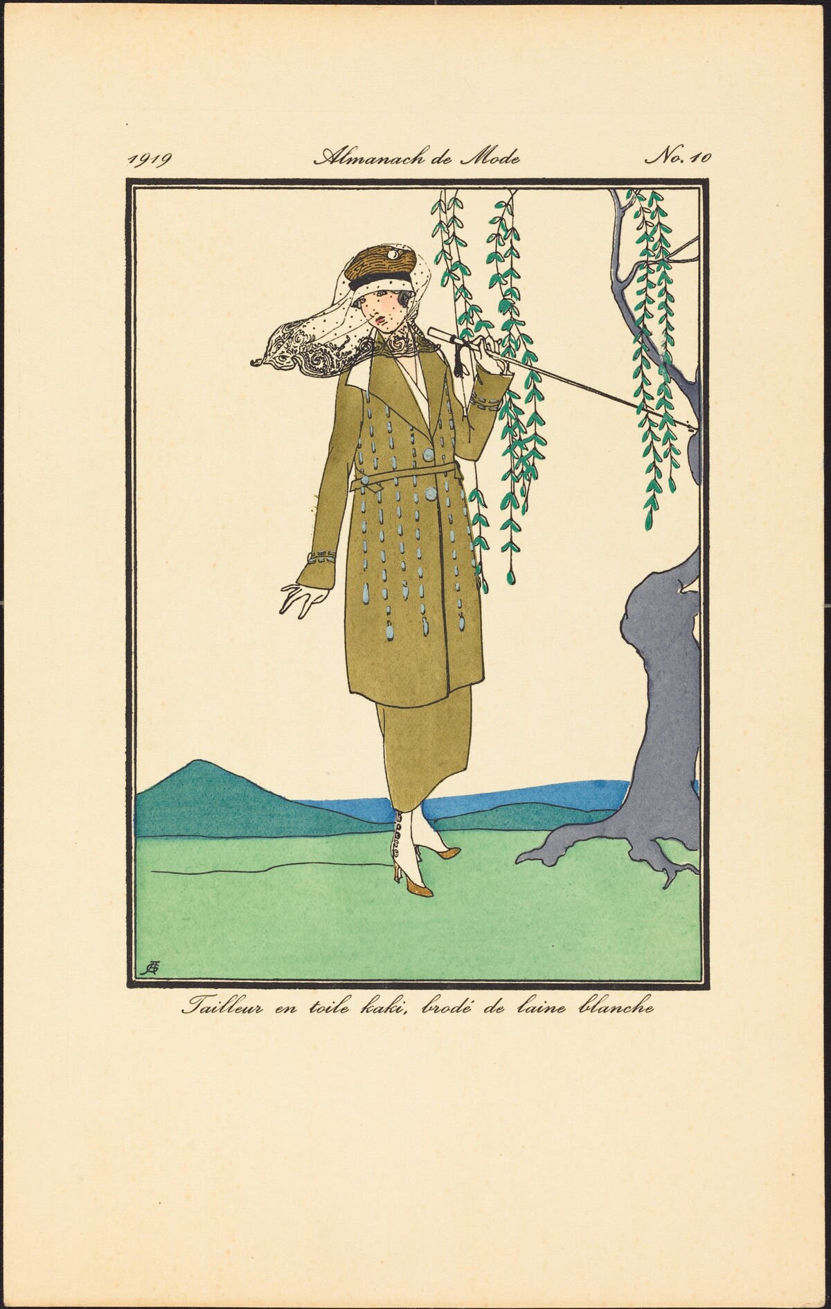 Tailleur en toile kaki, brodé de laine blanche by French 20th Century
