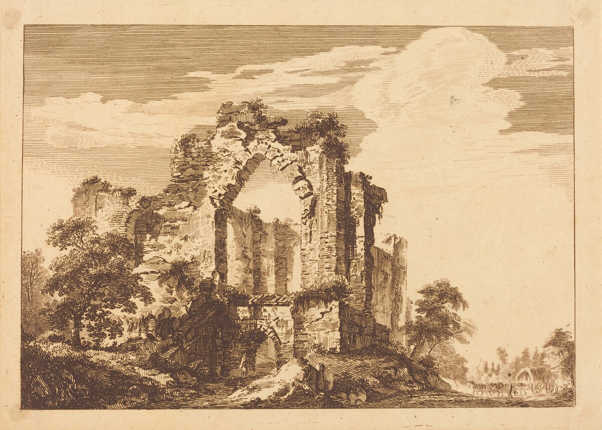 Ruins with a Seated Man, and a Covered Wagon in the Distance by Paul Sandby