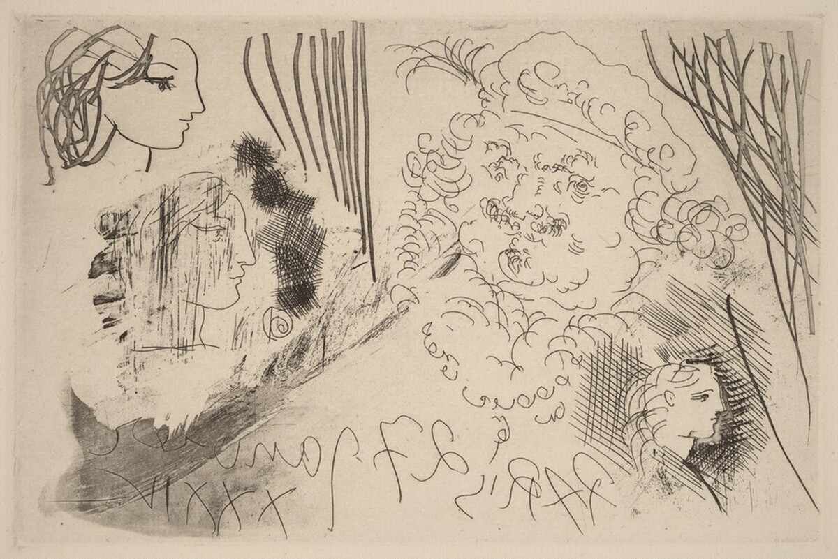 Sheet of Studies. Profiles of Marie-Thérèse and Head of Rembrandt in a Beret (Feuille d'études. Profils de Marie-Thérèse et tête de Rembrandt au béret) by Pablo Picasso