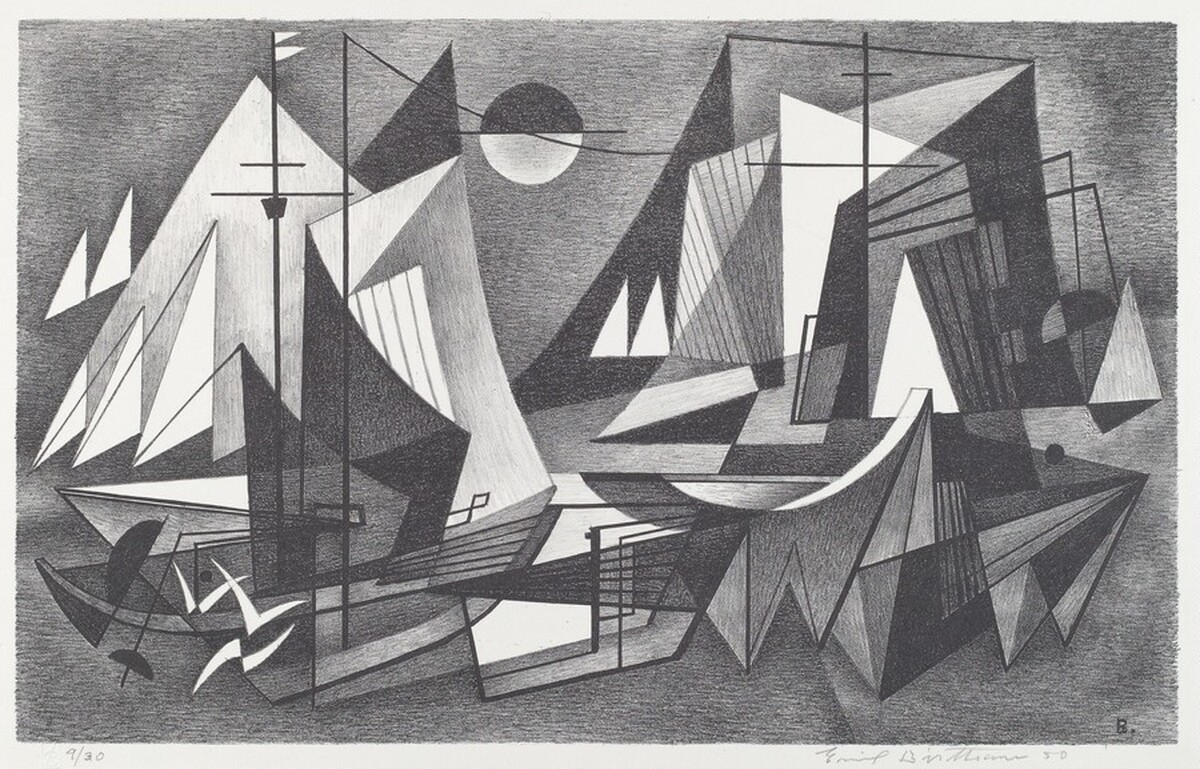 Untitled (Abstracted sailboats) by Emil Bisttram