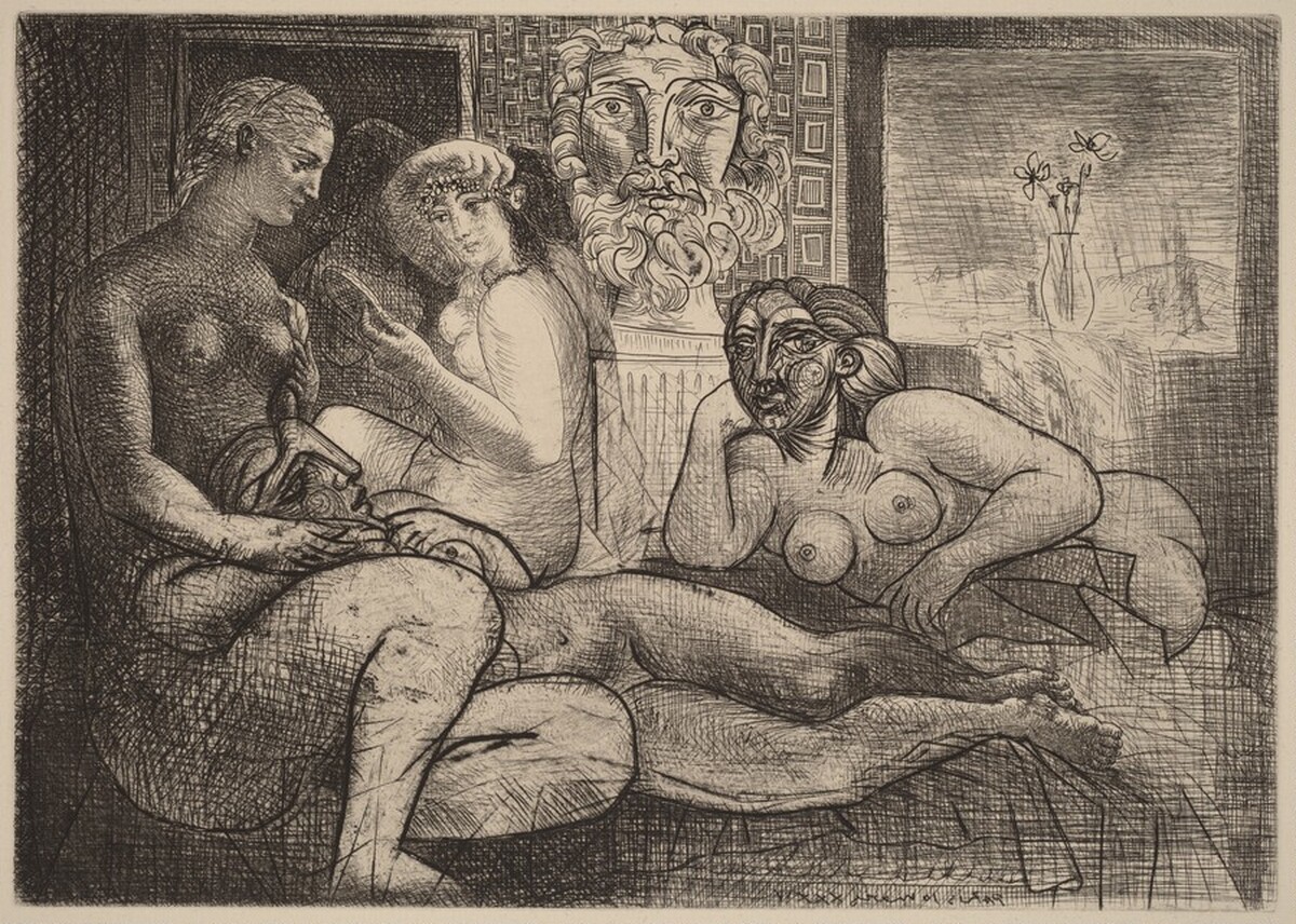 Four Nudes and Sculpted Head (Quatres femmes nues et tete sculptee) by Pablo Picasso