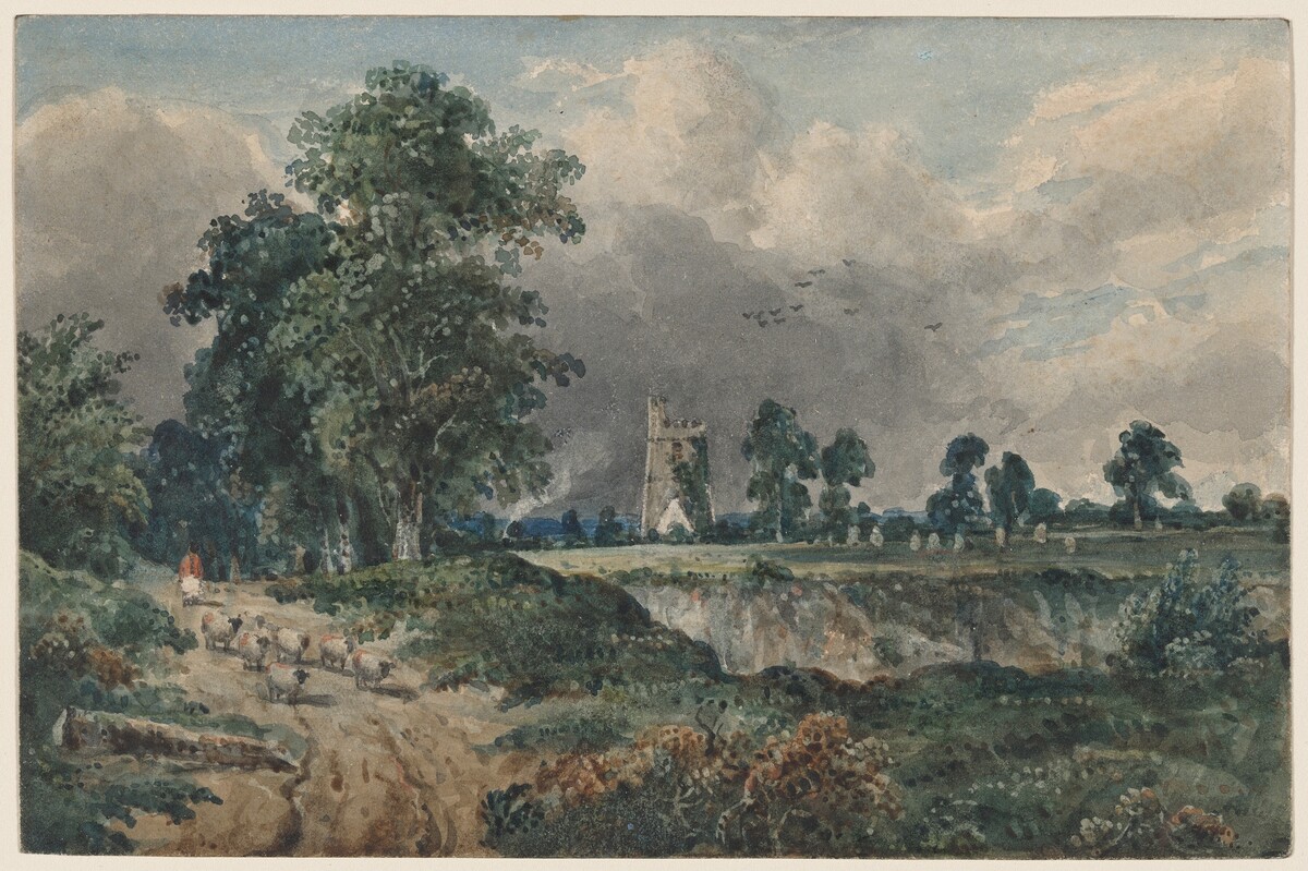 A Drover with Sheep, a Church Beyond by Frederick William Watts
