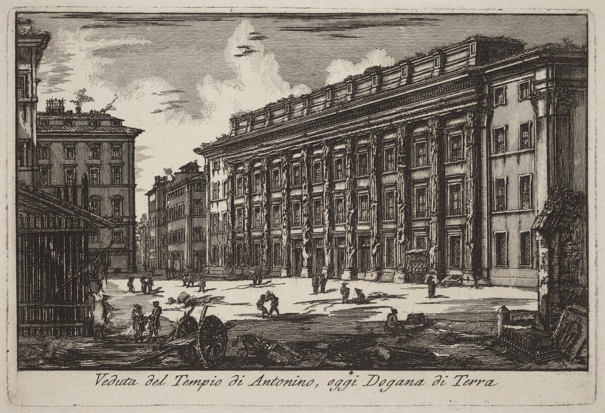 Veduta del Tempio di Antonino, oggi Dogana di Terra (View of the Temple of Antoninus, now the Land Customs Office) by Laura Piranesi after Giovanni Battista Piranesi