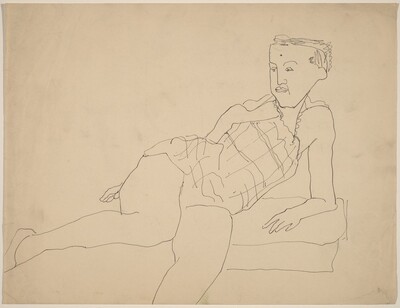 Woman in Checked Sun-Suit, Propped on Elbow