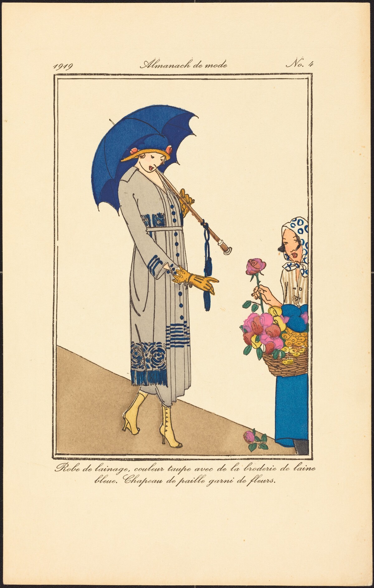Robe de lainage, couleur taupe avec de la broderie de laine bleue. Chapeau de paille garni de fleurs. by French 20th Century