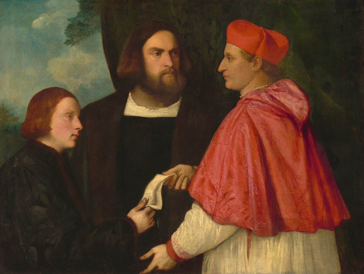 Giacomo and Cardinal Marco, investing Andrea, Abbot of San Zeno, with his Benefice by Follower of Titian