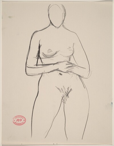 Untitled [front view of nude standing with hands on her belly]